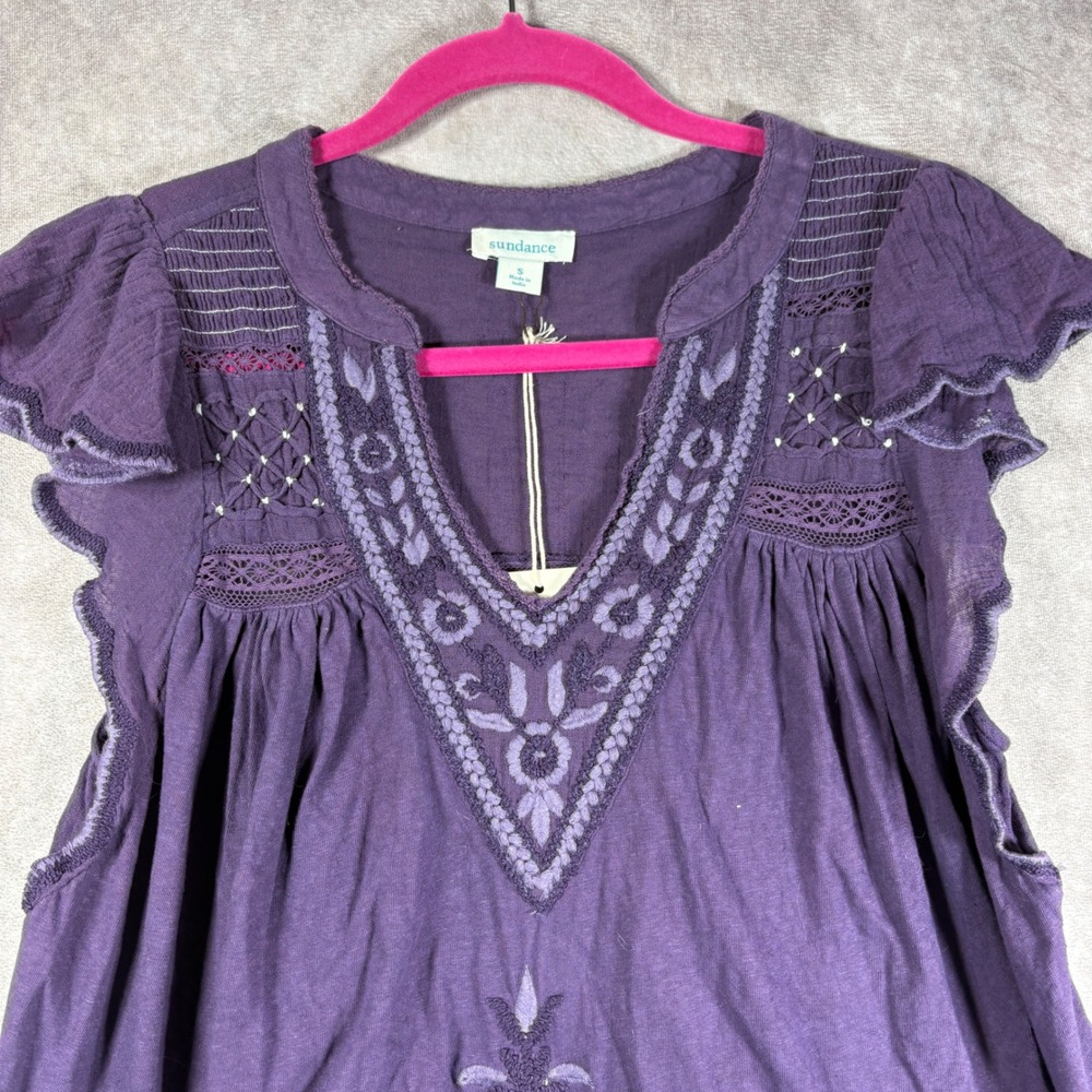 Sundance Top Women S Purple Embroidered Flutter Sleeve Cotton Linen Boho Peasant - Picture 2 of 8